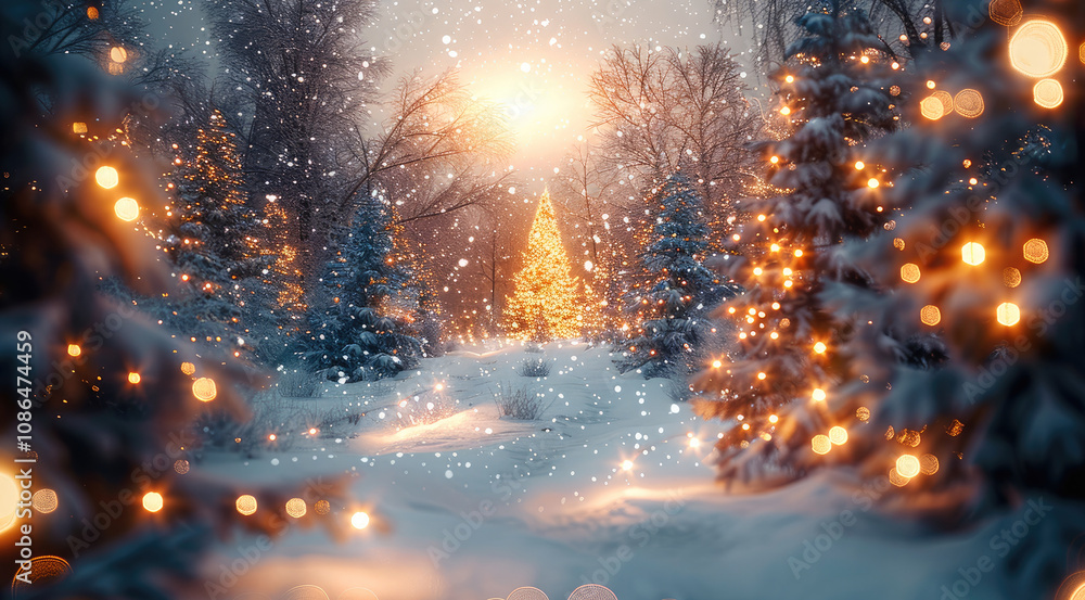 Christmas minimal scene with snow and lights, winter wonderland. Christmas minimal scene with snow and lights, winter wonderland.