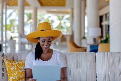 Joyful woman wearing a large straw hat sitting comfortably on a sofa while using a tablet computer in a bright and airy resort lobby with tropical decor