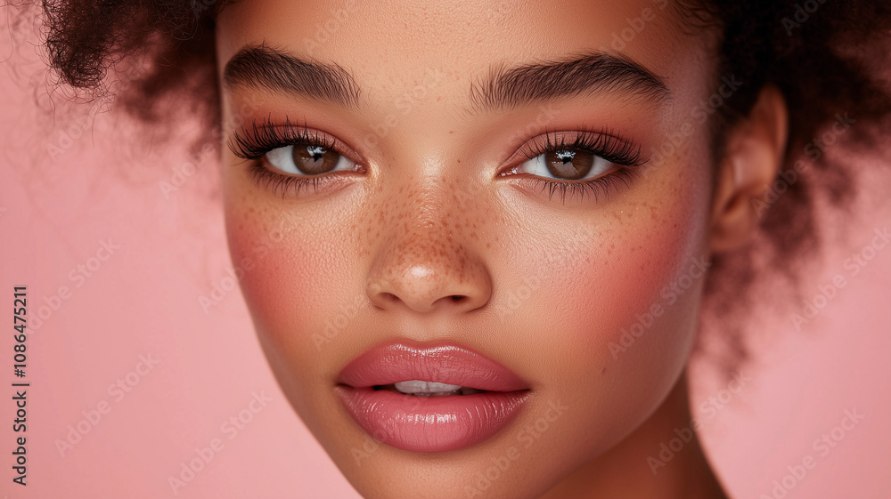 Fototapeta premium close up portrait of African American woman with beautiful features, showcasing her radiant skin, expressive eyes, and natural makeup against soft pink background