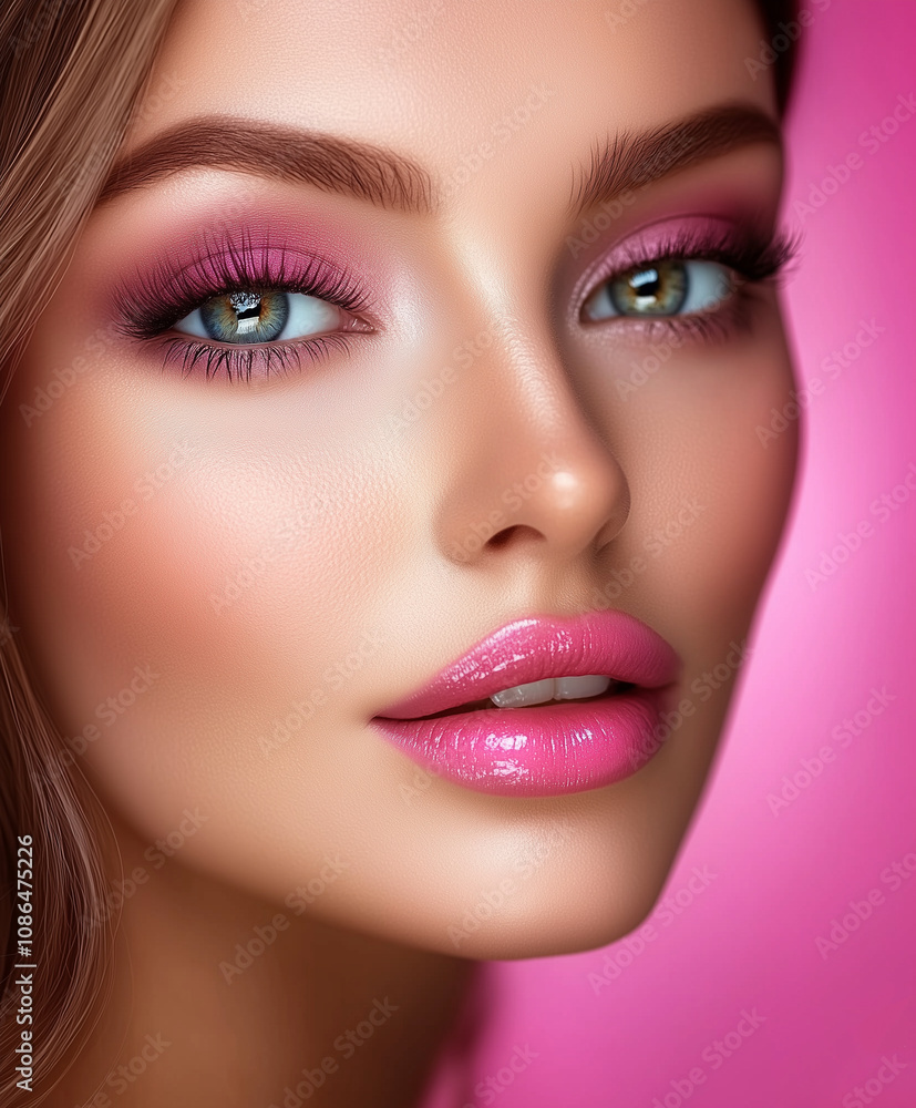 close up portrait of attractive woman with glowing skin, vibrant makeup, and pink lips, exuding confidence and beauty close up portrait of attractive woman with glowing skin, vibrant makeup, and pink lips, exuding confidence and beauty
