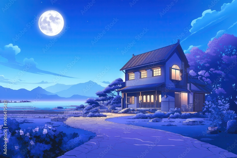 Peaceful Nighttime Scene with a House and Full Moon Peaceful Nighttime Scene with a House and Full Moon