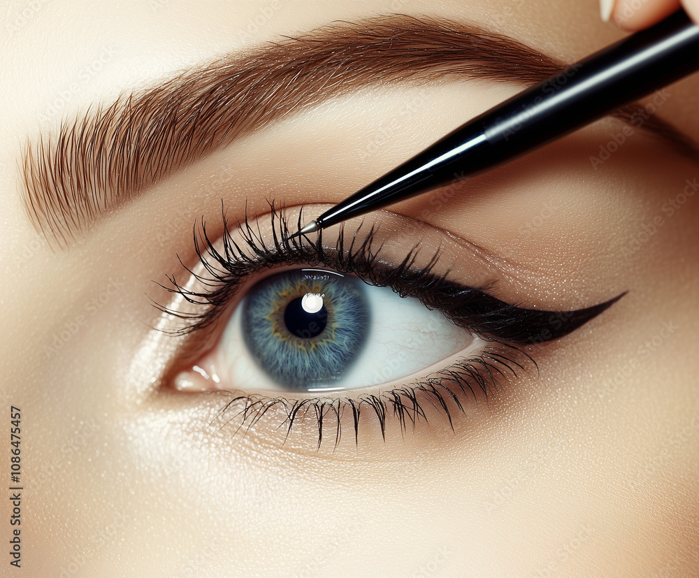 Naklejka premium close up of woman eye with striking blue iris, showcasing precise eyeliner application. natural makeup enhances her features, highlighting beauty of her eye