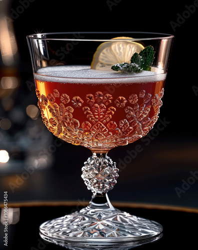 A beautifully crafted liquor cocktail mixed with gin and tequila, served in an elegant yet moderately luxurious glass. The glass should be aesthetically pleasing with intricate yet subtle designs. photo