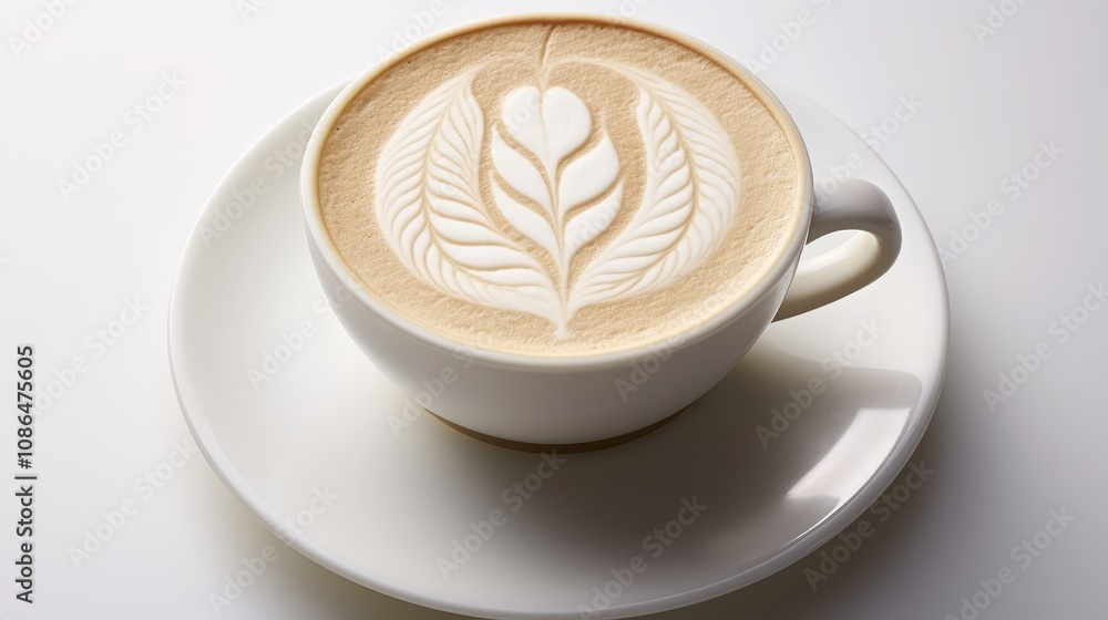 Cappuccino with Leaf Foam Art on White Background Cappuccino with Leaf Foam Art on White Background