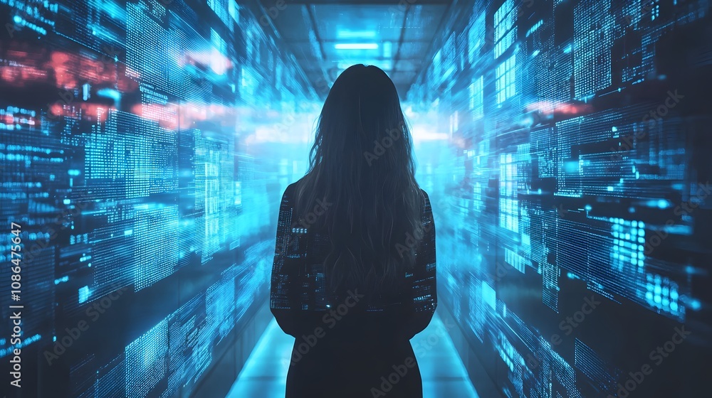 Exploring digital realities individual in a tech corridor urban setting digital art futuristic environment back view technology concept Exploring digital realities individual in a tech corridor urban setting digital art futuristic environment back view technology concept