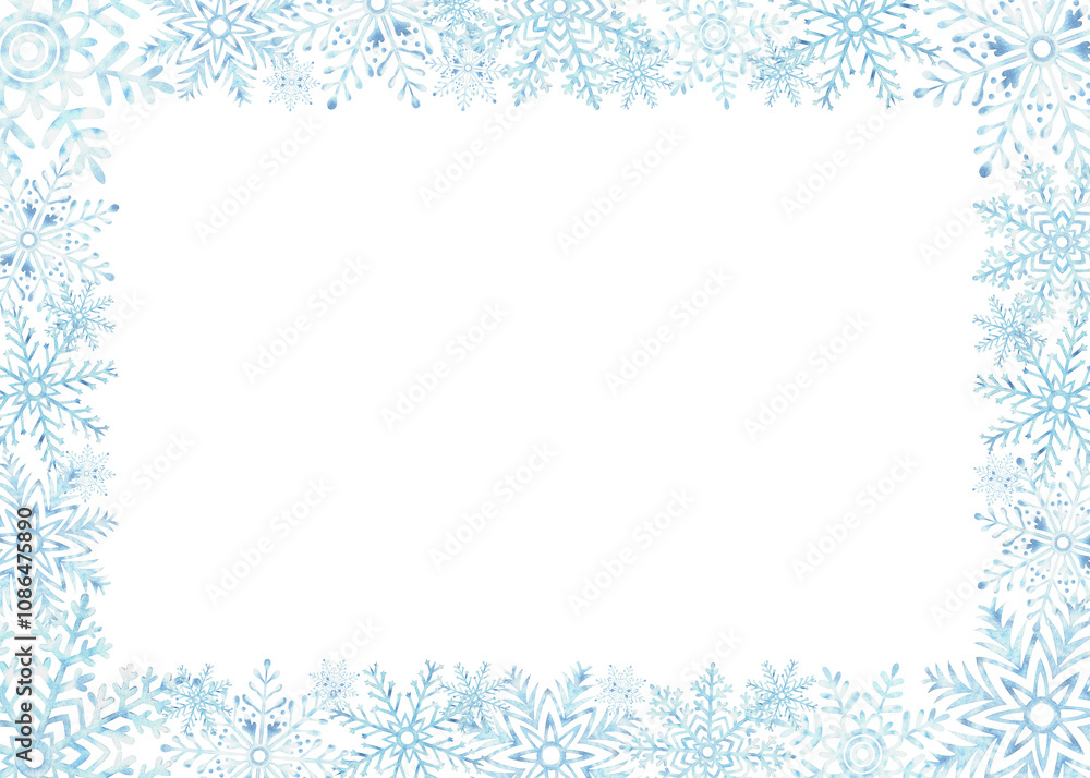 Blue snowflakes. Template postcard with copy space. Ice stars for Christmas or New Year's design. Hand drawn watercolor illustration isolated. Winter holiday frame for card, website, wrapping, sale. Blue snowflakes. Template postcard with copy space. Ice stars for Christmas or New Year's design. Hand drawn watercolor illustration isolated. Winter holiday frame for card, website, wrapping, sale.
