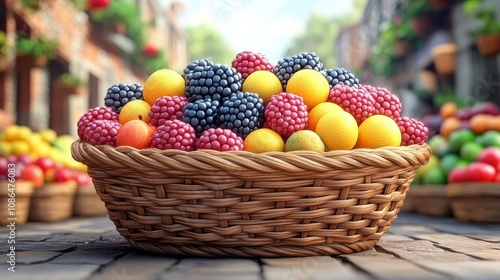 Vibrant Basket Full of Fresh Fruits Displayed in a Lively Market Setting with a Colorful Background of Fresh Produce and Blooming Nature