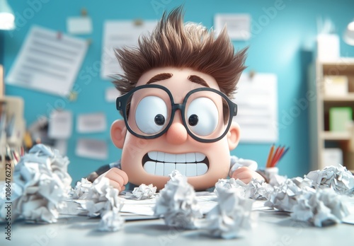 Cartoon character overwhelmed by crumpled papers and documents, showcasing the struggles of creativity and organization in a vibrant workspace filled with chaos