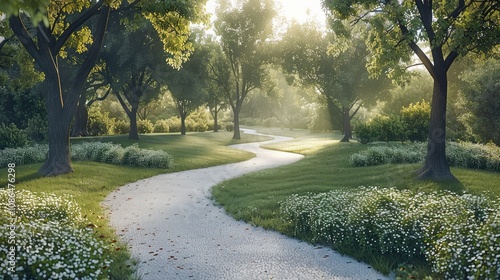 Fototapeta Naklejka Na Ścianę i Meble -  A quiet park with a winding path that splits into multiple forks, symbolizing indecision and the challenge of choosing a single direction. The scene is calm.