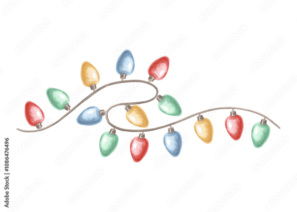 Christmas lights garland on string. Hand drawn watercolor illustration isolated. Glowing multi-colored light bulbs hanging on a wire. Winter holiday clipart. Festive template for card, print, wrapping