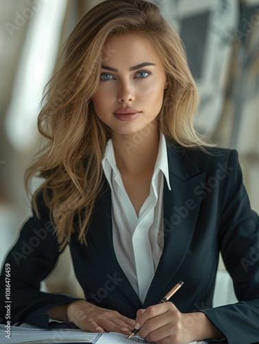 Professional businesswoman in a tailored women suit and off-white shirt writing with a premium fountain pen, modern minimalist office background. photo