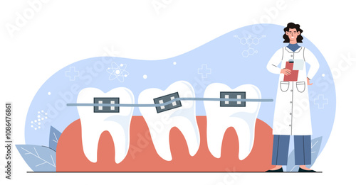 Doctor with teeth braces. Woman in medical uniform near teeth with braces. Orthopedist corrects bite. Diagnosis and treatment, medicine. Flat vector illustration isolated on white background