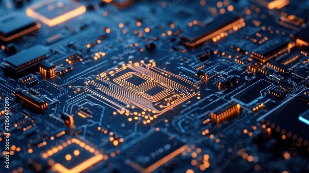Close-up of a golden central processing unit (CPU) on a dark blue circuit board. Close-up of a golden central processing unit (CPU) on a dark blue circuit board.