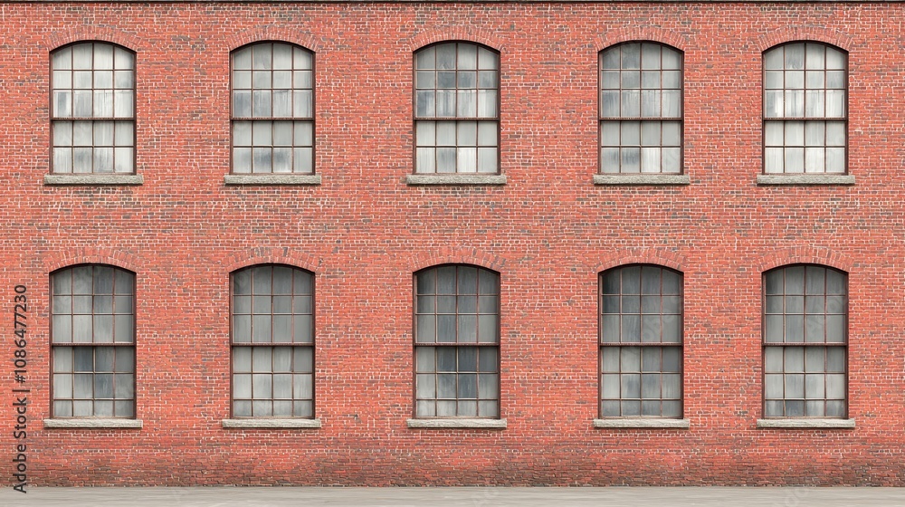 Fototapeta premium Red Brick Wall Building Facade with Multiple Windows Architectural Detail Background