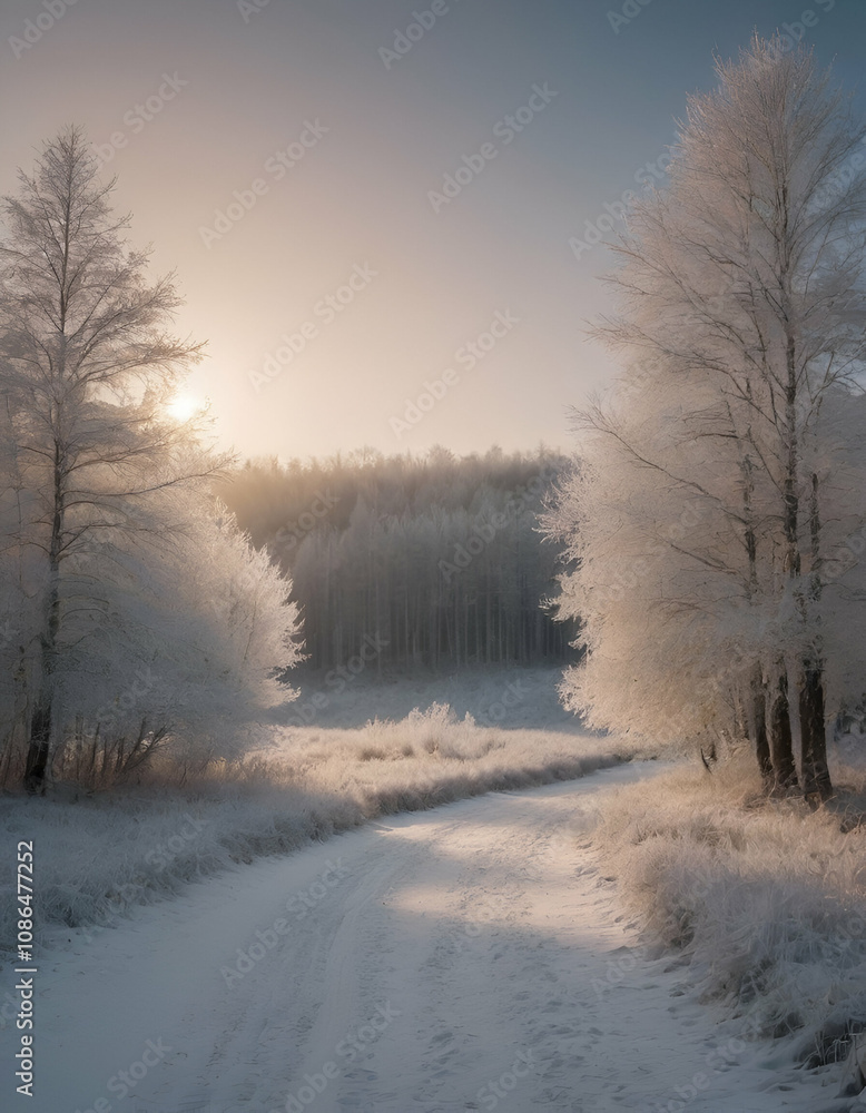 A Calm Winter Landscape with Frost-Covered Trees A Calm Winter Landscape with Frost-Covered Trees