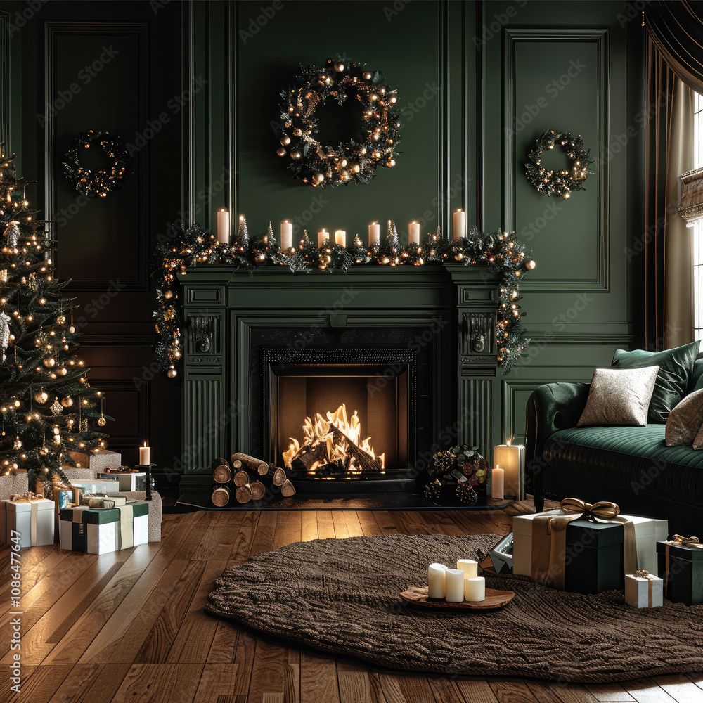 A fireplace in warm living room decorated for Christmas with dark green velvet and dark walnut wood walls. A fireplace in warm living room decorated for Christmas with dark green velvet and dark walnut wood walls.