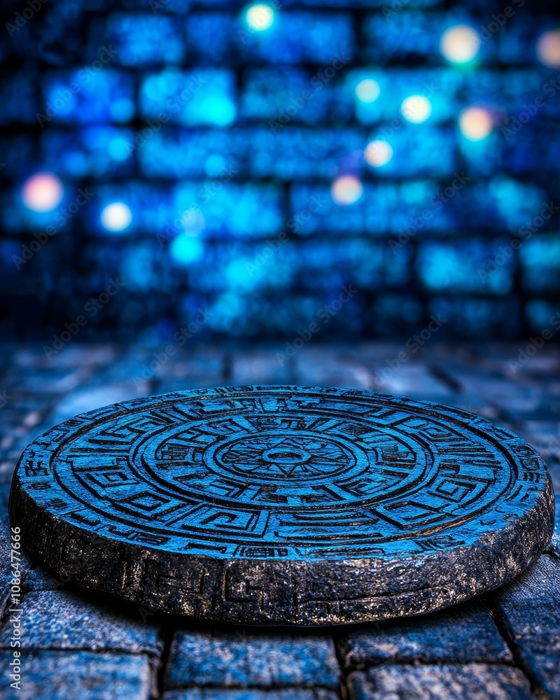 Mystical Blue Manhole Cover on Cobblestone Street Night Scene Mystical Blue Manhole Cover on Cobblestone Street Night Scene