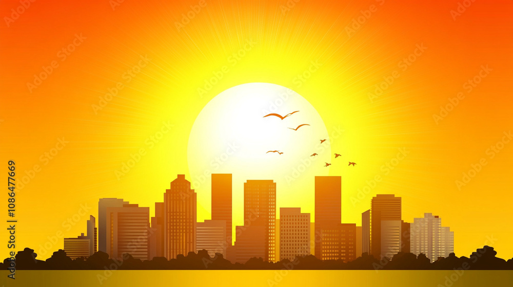 Obraz premium sunset over city skyline with birds flying