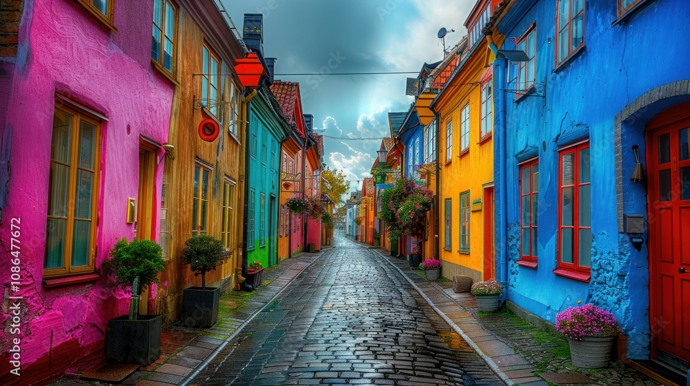 Fototapeta premium Traditional colorful street in Swedish town Ystad.