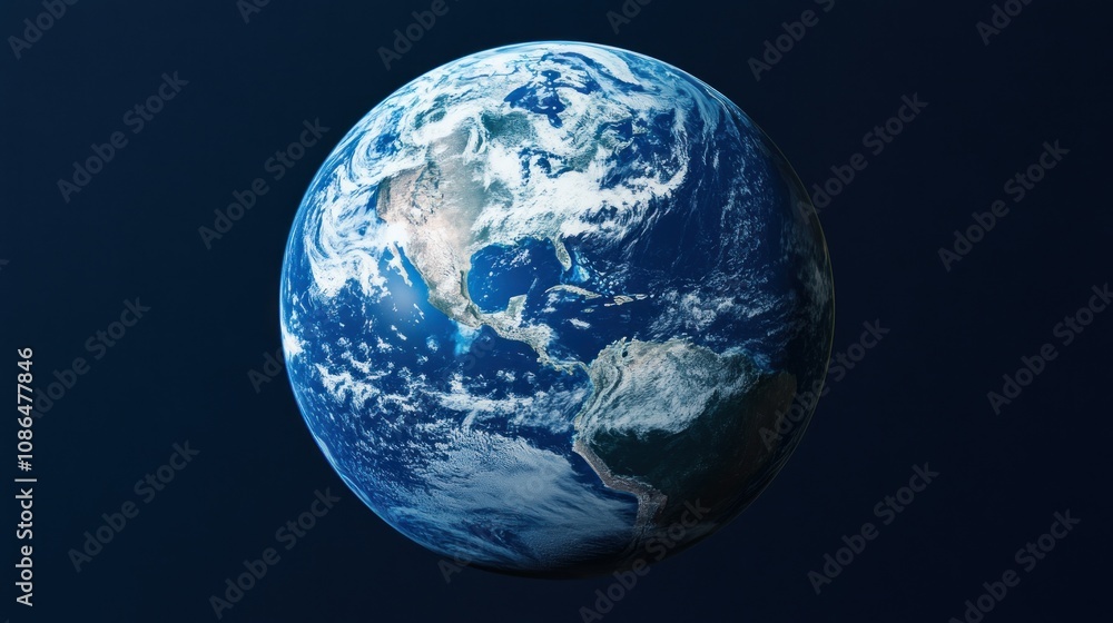 A detailed 3D rendering of Earth with a focus on North and South America, showcasing the continents' intricate geography and cloud formations. A detailed 3D rendering of Earth with a focus on North and South America, showcasing the continents' intricate geography and cloud formations.