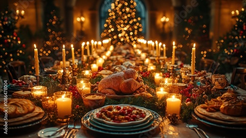 A festive dining table adorned with candles and holiday foods.