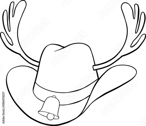 Christmas cowboy hat with reindeer antlers, bell and hatband hand drawn black outline on white fill coloring book illustration