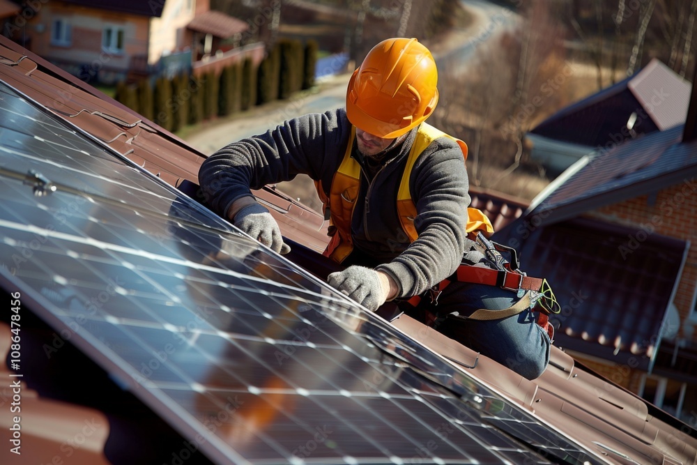 Man Installing Solar Panels for Alternative Energy Man Installing Solar Panels for Alternative Energy