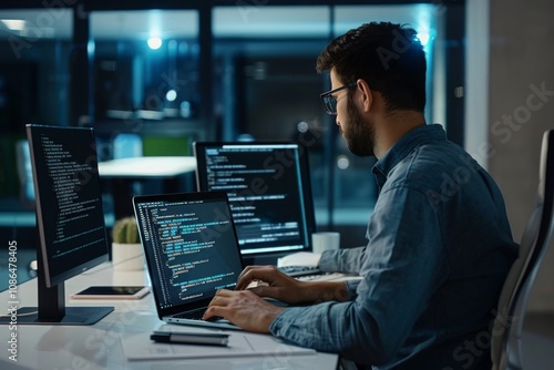 Late Night Coding: Male Programmer Working on Laptop Mockup for Networking Malware or Software