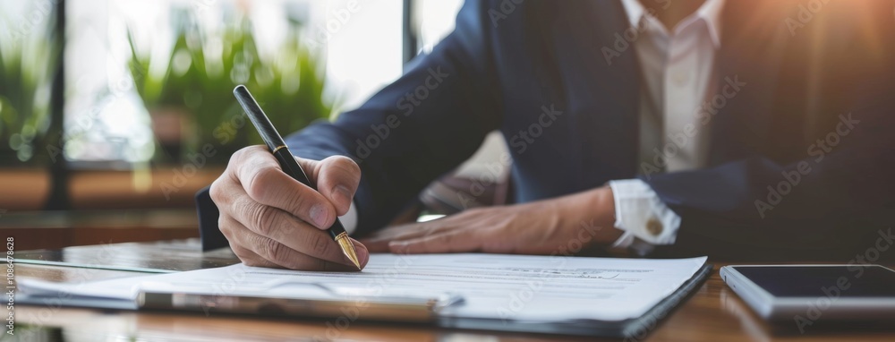 Professional seated at desk finalizes lease and employment agreements. Professional seated at desk finalizes lease and employment agreements.