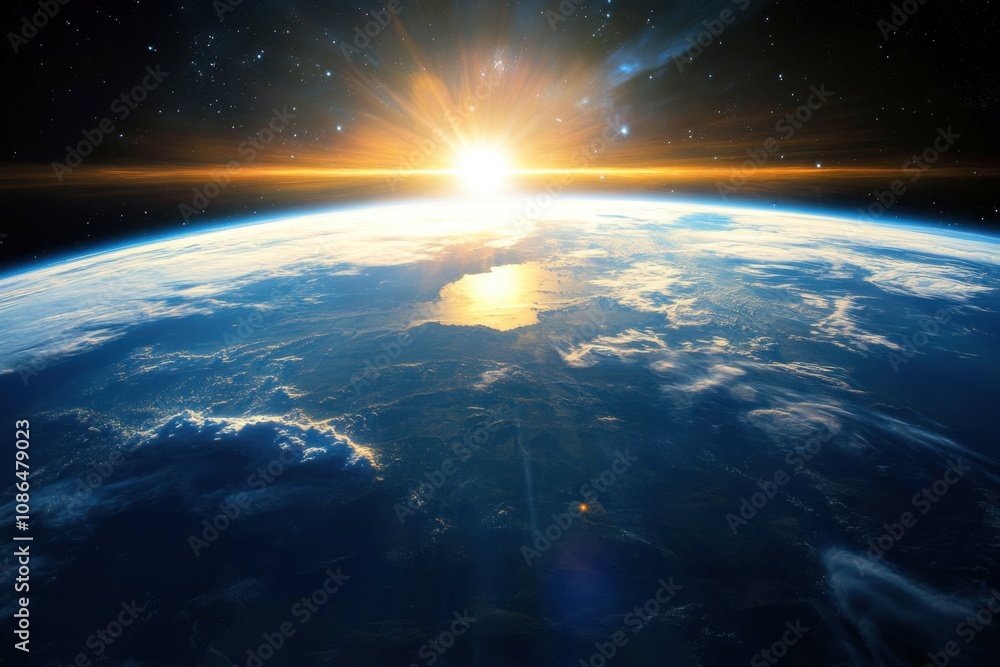 Fototapeta premium A stunning sunrise over Earth as seen from space, with a bright sun shining over the horizon.