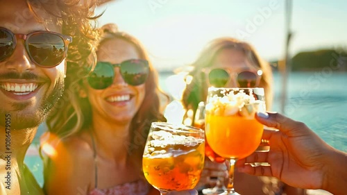 A joyful gathering of friends captures the essence of summer as they toast with colorful drinks, embodying carefree moments against a stunning beach sunset backdrop. Laughter fills the air.