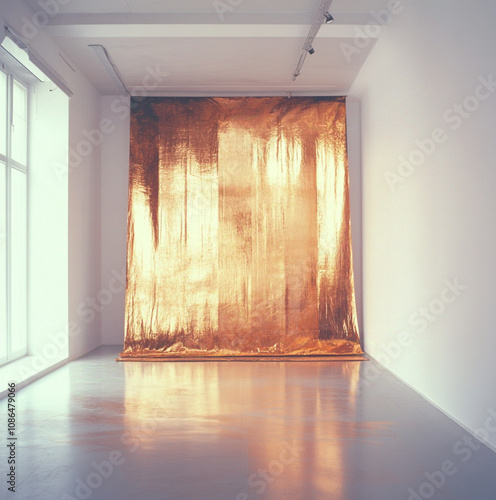 a big white room with a big copper/gold curtain on the back wall from the ceiling to the floor