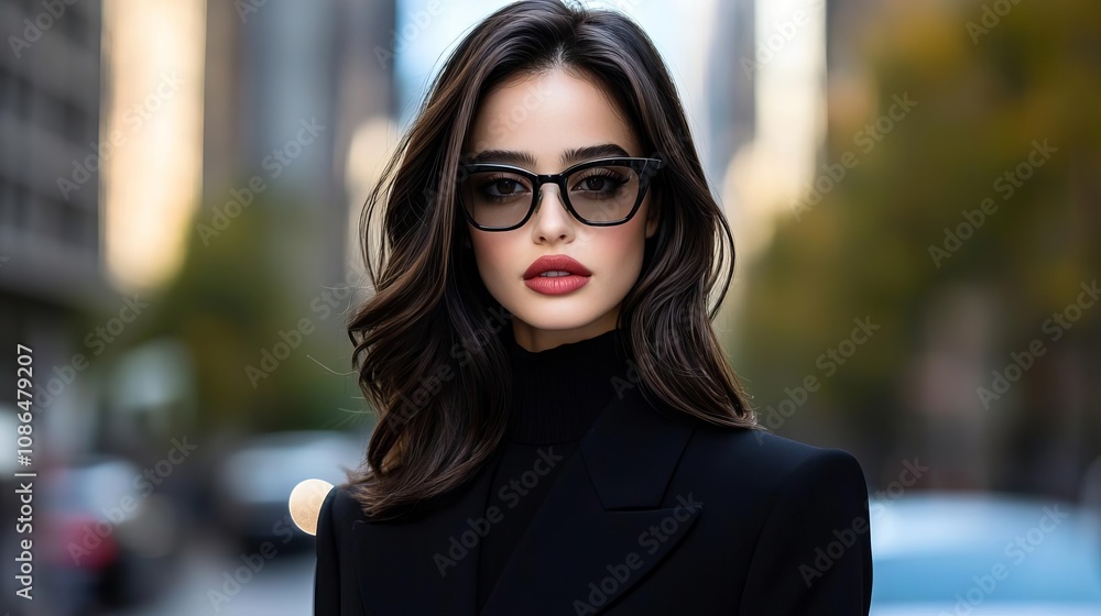 A stylish woman with long hair and glasses poses confidently on a city street, showcasing modern fashion trends against an urban backdrop. A stylish woman with long hair and glasses poses confidently on a city street, showcasing modern fashion trends against an urban backdrop.