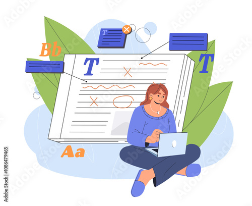Woman with text editing. Young girl with laptop edits text of article on website. Freelancer and remote worker. Person correct mistakes. Flat vector illustration isolated on white background
