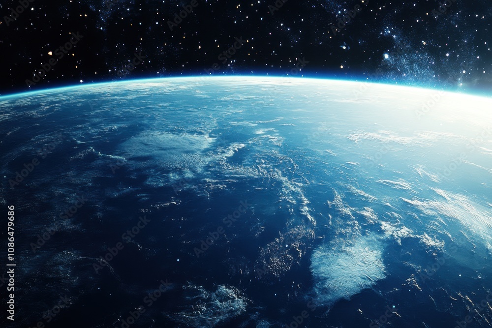 Obraz premium A stunning view of Earth from space, showing its blue oceans, white clouds, and a dark blue sky filled with stars.