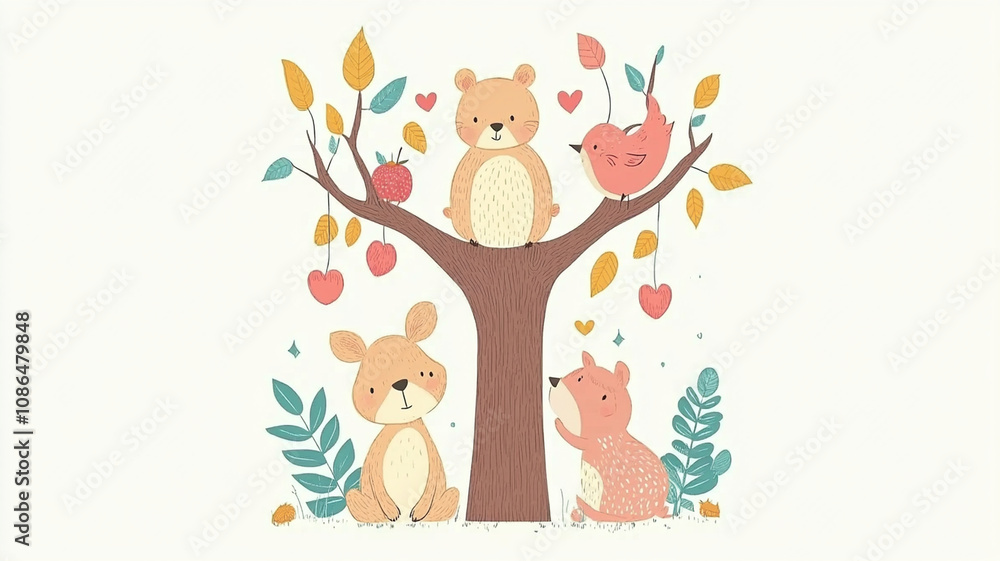 Cute animals in tree with hearts and leaves create playful scene Cute animals in tree with hearts and leaves create playful scene