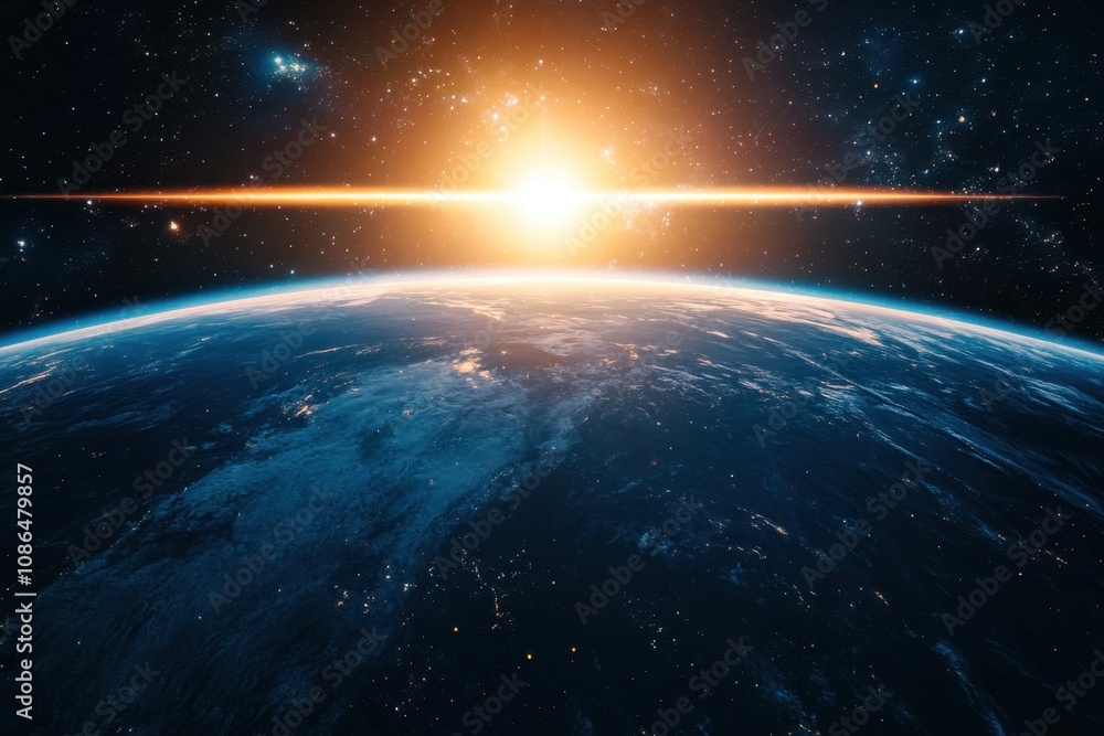 Obraz premium A stunning view of Earth from space, with a bright sun rising over the horizon.