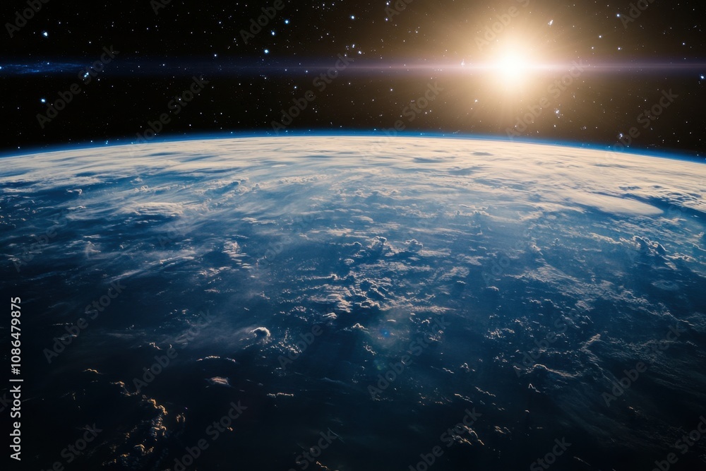 Obraz premium A stunning view of Earth from space with a bright sun rising in the distance, showcasing the planet's beauty and fragility.