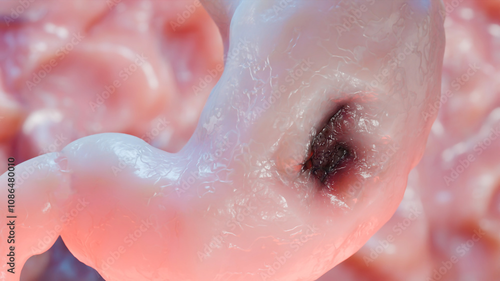 Fototapeta premium Stomach cancer. stages tumor growth in digestive system, Peptic Ulcer anatomy, Cancer attacking cell. gastric disease concept. symptoms, malignant cancerous, viruses and bacteria, 3d render