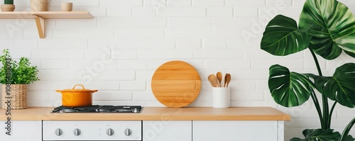 Integrated appliances in a modern kitchen with open shelving, bright subway tile backsplash, minimalist decor, soft natural light, and a cozy, airy feeling