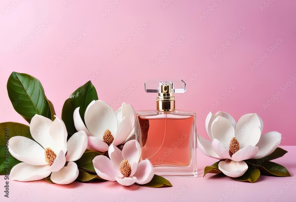 A bottle of perfume and fresh magnolia flowers on a pink background A bottle of perfume and fresh magnolia flowers on a pink background