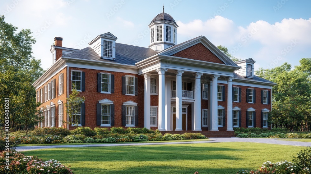 Elegant brick mansion with columns and a landscaped garden. Elegant brick mansion with columns and a landscaped garden.