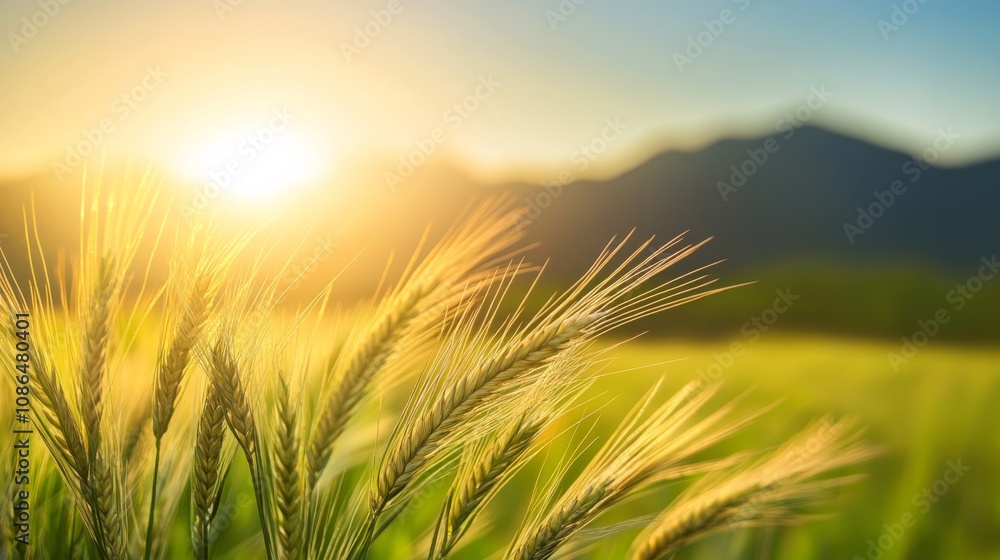 Close-up field tall grass sun setting background golden Paddy landscape Close-up field tall grass sun setting background golden Paddy landscape