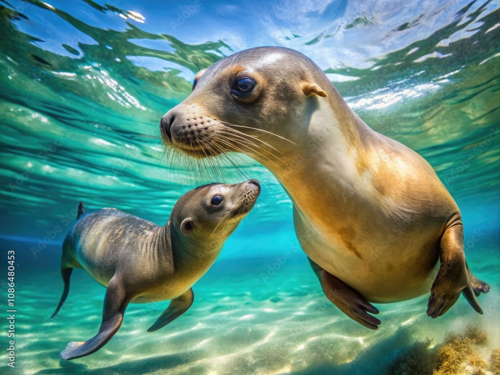 Fototapeta premium Adorable Sea Lion and Baby Swimming Together in Crystal Clear Ocean Waters â€“ Macro Photography Capture of Marine Life Beauty and Bonding Moments