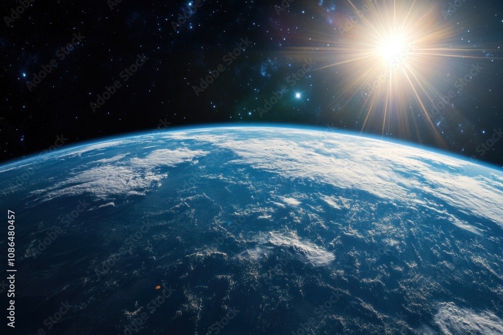 A stunning view of Earth from space with the sun rising over the horizon. A stunning view of Earth from space with the sun rising over the horizon.