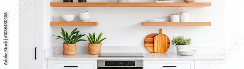 Open-plan kitchen with sleek integrated appliances, open shelving styled with plants and cookbooks, natural light highlighting glossy surfaces, warm and cool tones in harmony