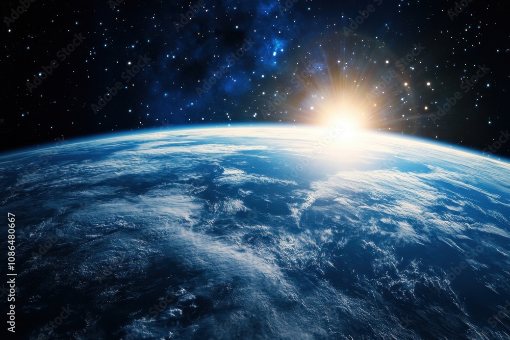 A stunning view of Earth from space, with the sun rising over the horizon and stars twinkling in the distance. A stunning view of Earth from space, with the sun rising over the horizon and stars twinkling in the distance.