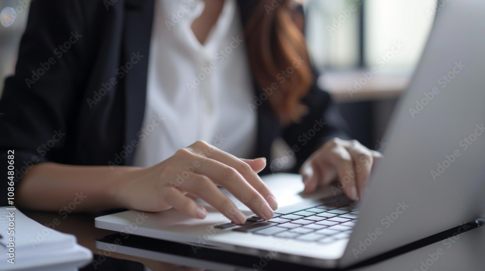 Professional Woman Using Computer for Online Work and Information Gathering Professional Woman Using Computer for Online Work and Information Gathering