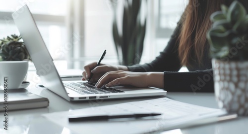 Closeup of Businesswoman Surfing Internet at Home Office