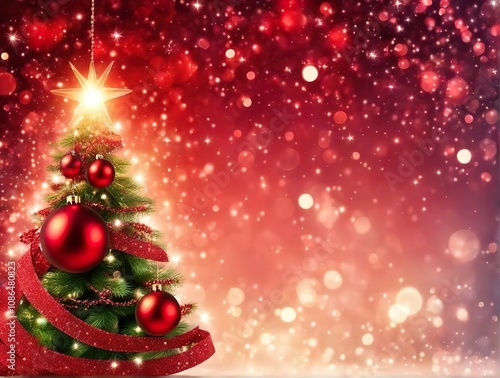 Christmas Tree In Red Glitter Background - Bubbles Hanging On Fair With Abstract Lights